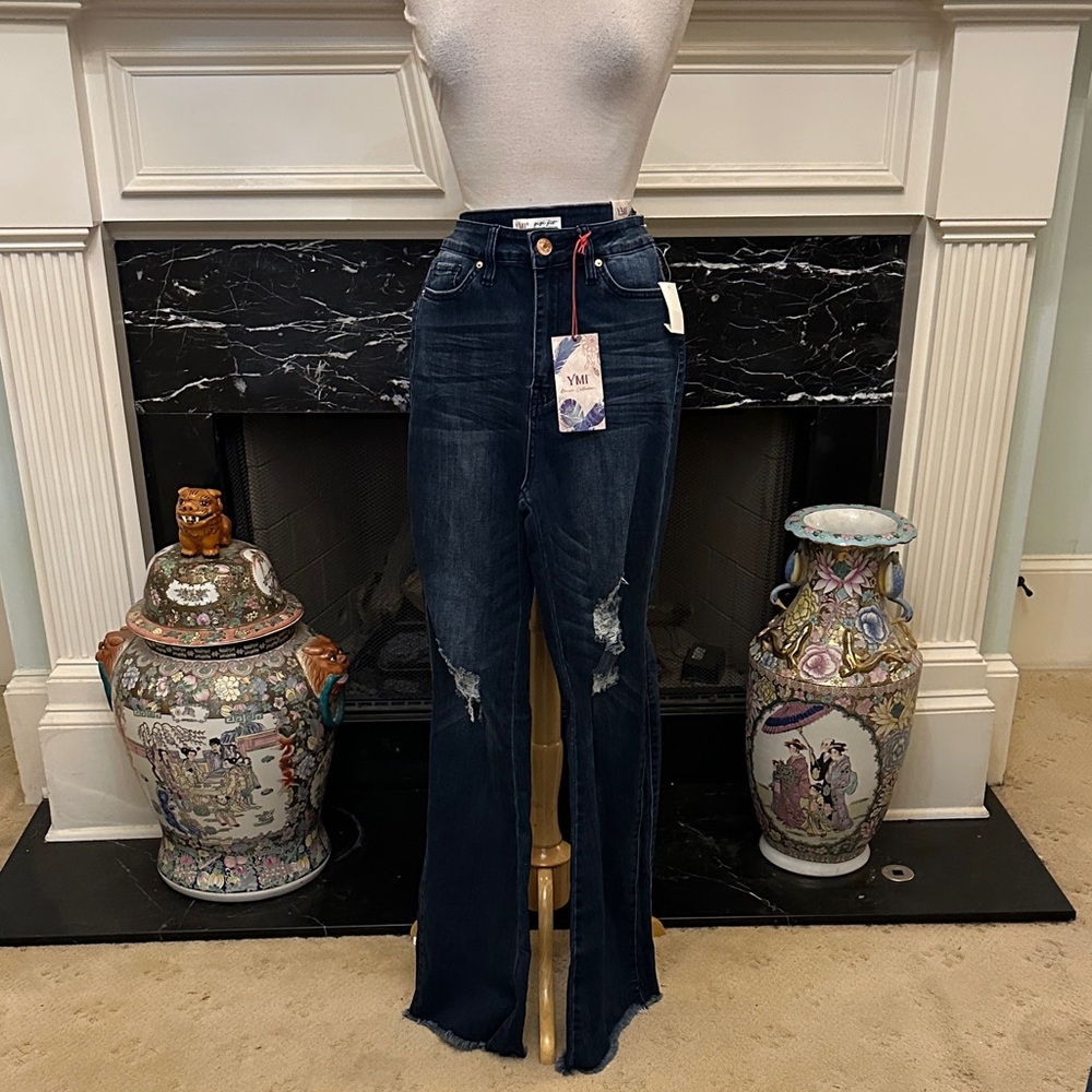 “YMI” Dark Blue Distressed Wide-Leg Jeans